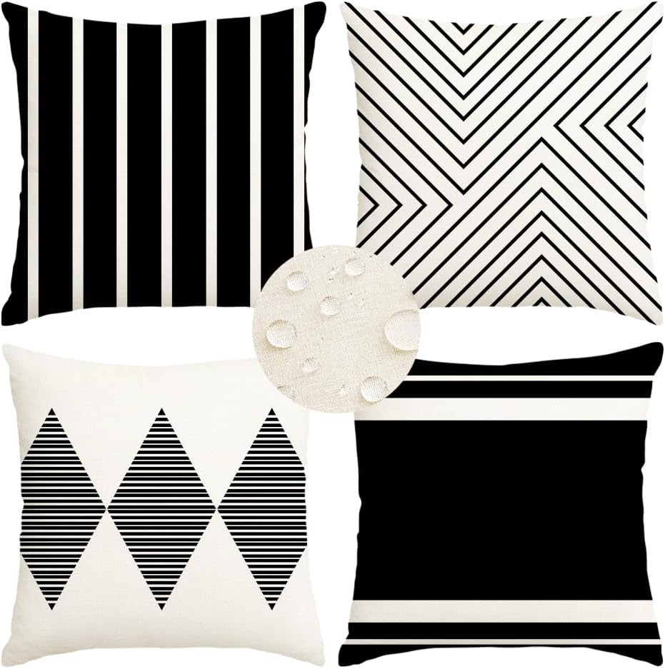 Outdoor Pillows Waterproof,18X18 Inch Black and White Throw Pillows Boho Set of