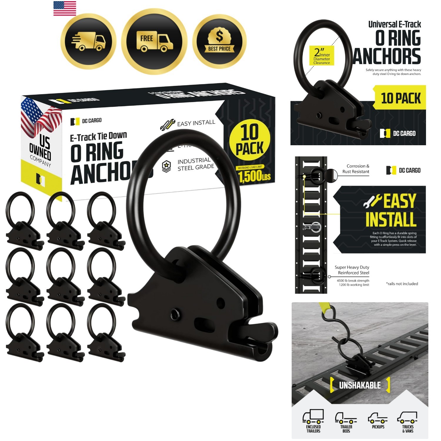 Heavy Duty Steel O Rings Pack of 10 E Track Tie Down Anchors Cargo Straps