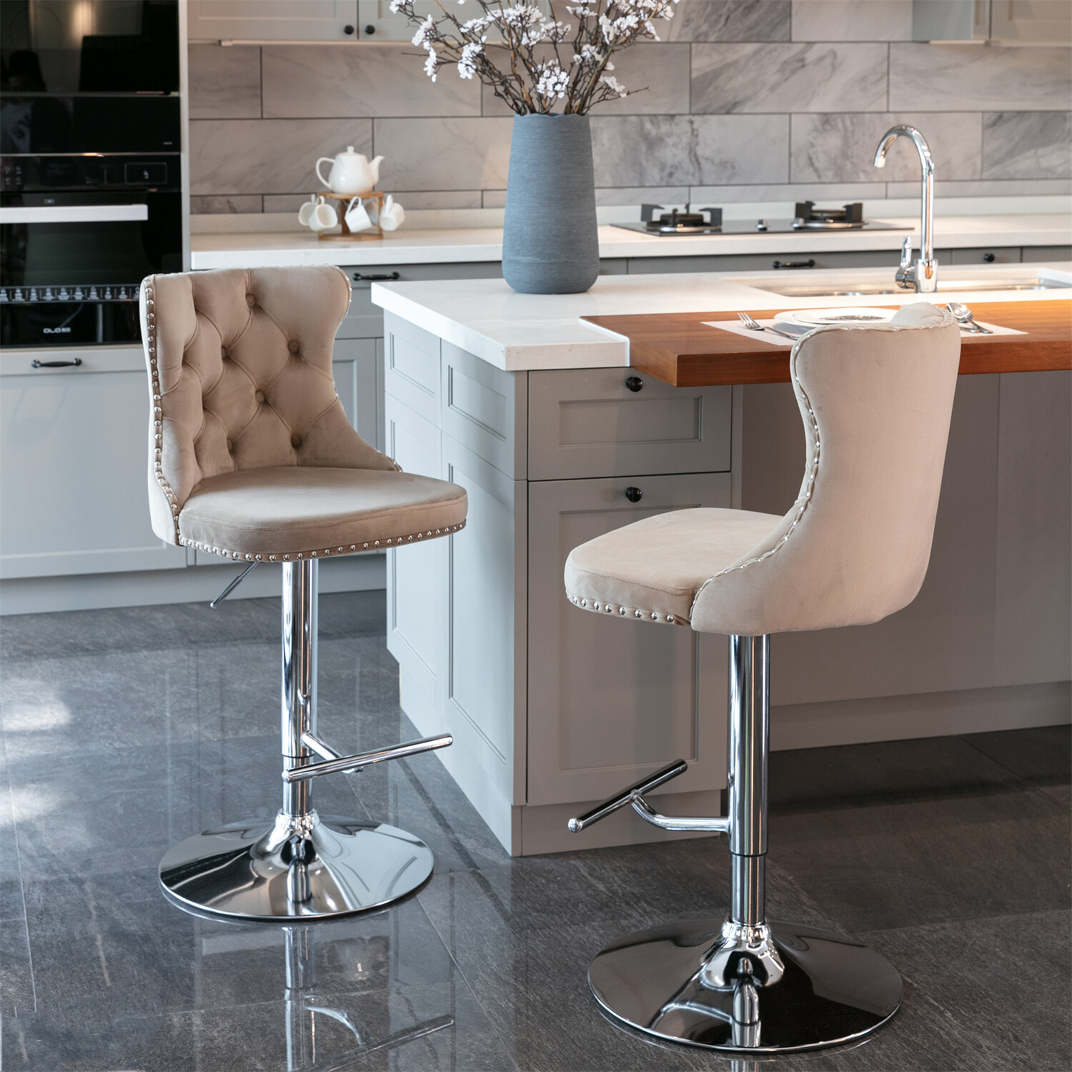 2PCS Velvet Bar Stools Counter Height Adjustable Kitchen Dining Chairs US