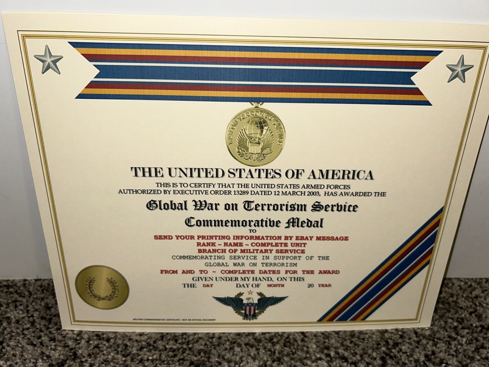 GLOBAL WAR ON TERROR SERVICE MEDAL COMMEMORATIVE CERTIFICATE ~ W/PRINTING TYPE-1