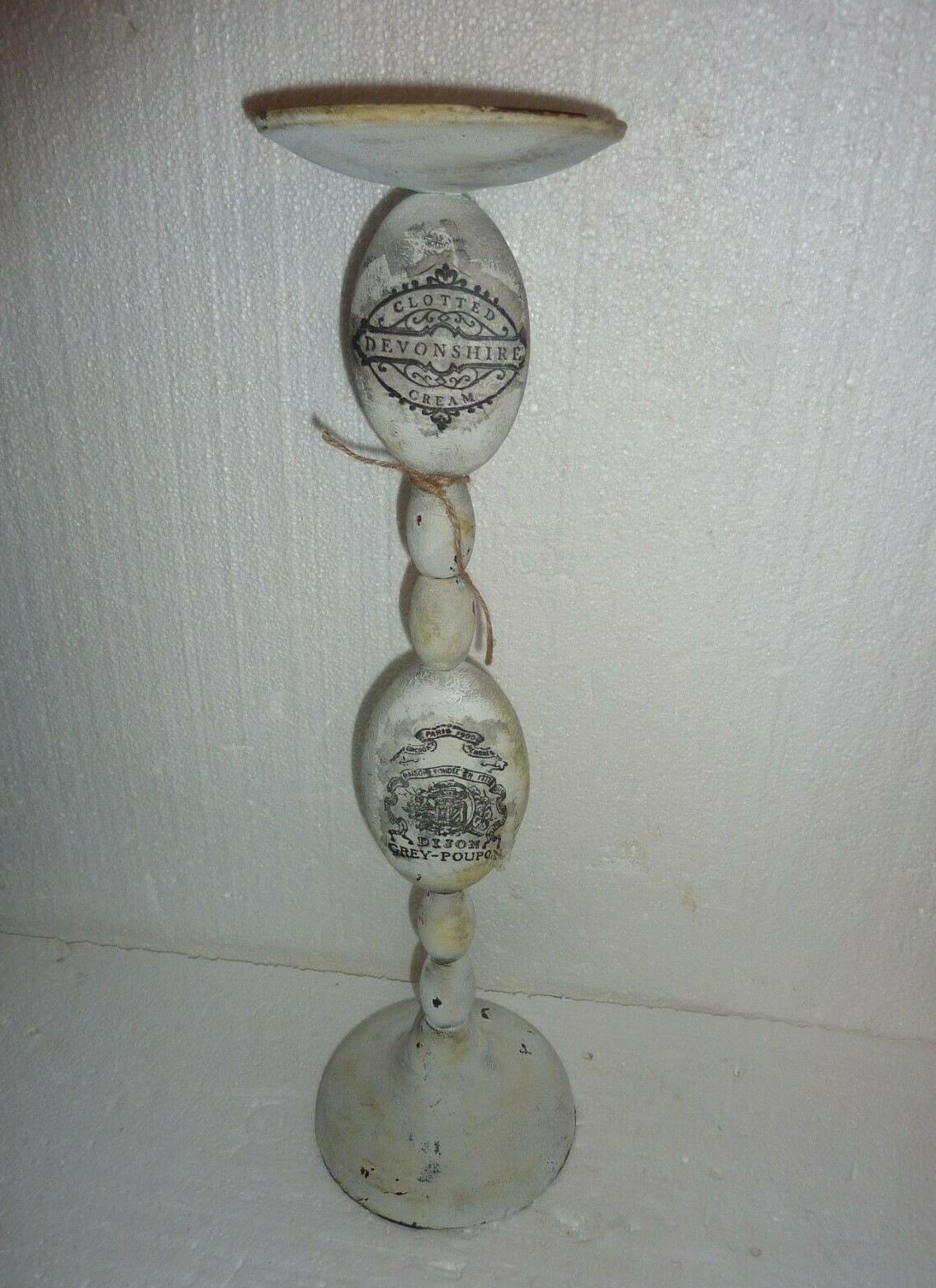Large Country Primitive Naive Metal Candle Holder Devonshire Cream & Grey Poupon