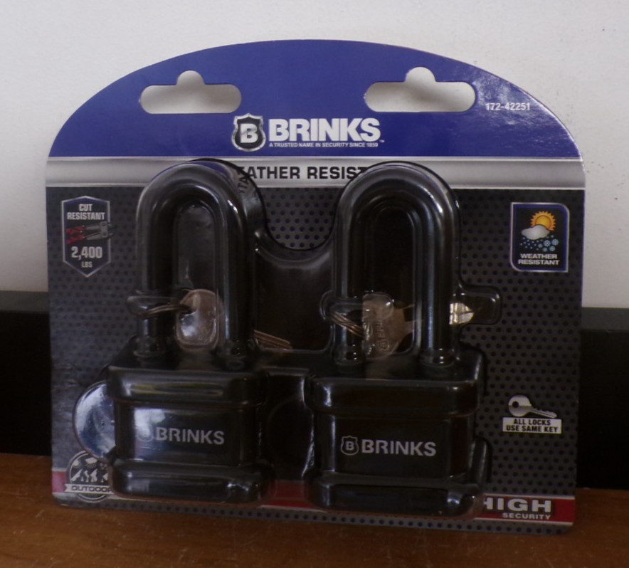 NEW BRINKS LAMINATED WEATHER RESISTANT VINYL WRAP 2" SHACKLE 2 PACK KEYED ALIKE
