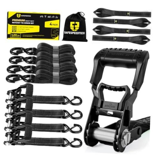 Ratchet Straps Tie Downs 4Pack 1.5" x 8ft 5250lb Heavy Duty 5250 LB - 8Ft Black