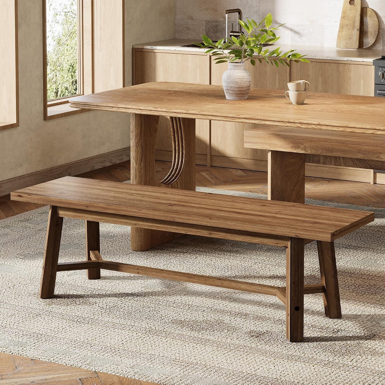 55.12" Solid Wood Dining Bench, Farmhouse Long Kitchen Bench for Dining Room