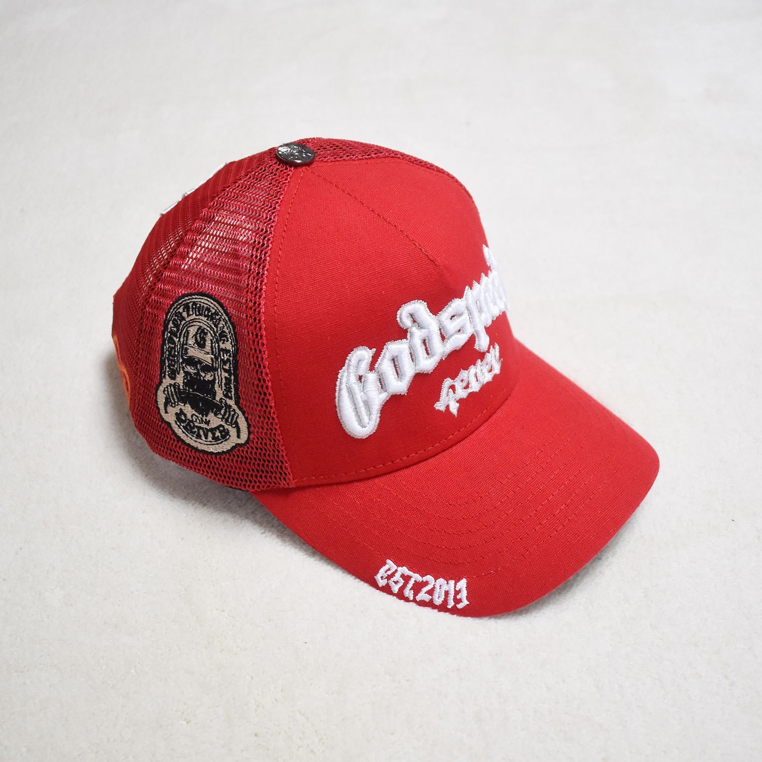 Godspeed 4ever Embroidered Trucker Cap - Red Mesh Back Gothic Type Snapback Hat
