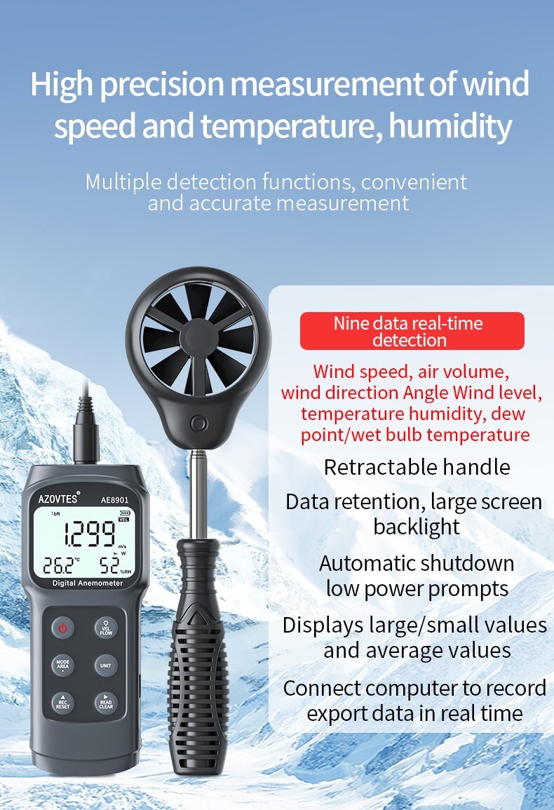 Multi-function Digital anemometer AE8901 split anemometer 0.3~45.0m/s
