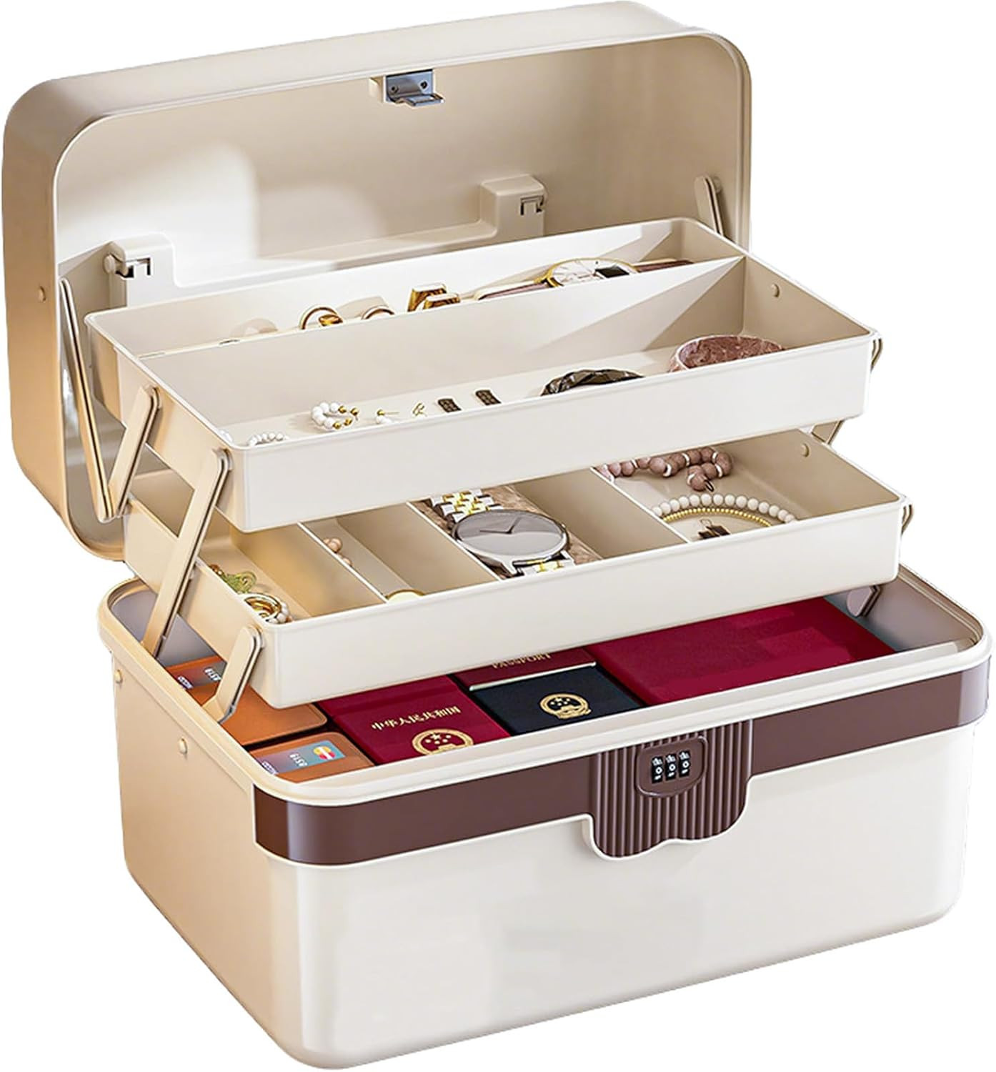 3-Layer Plastic Tackle Lock Box Organizers Storage, Portable Folding Sewing Box