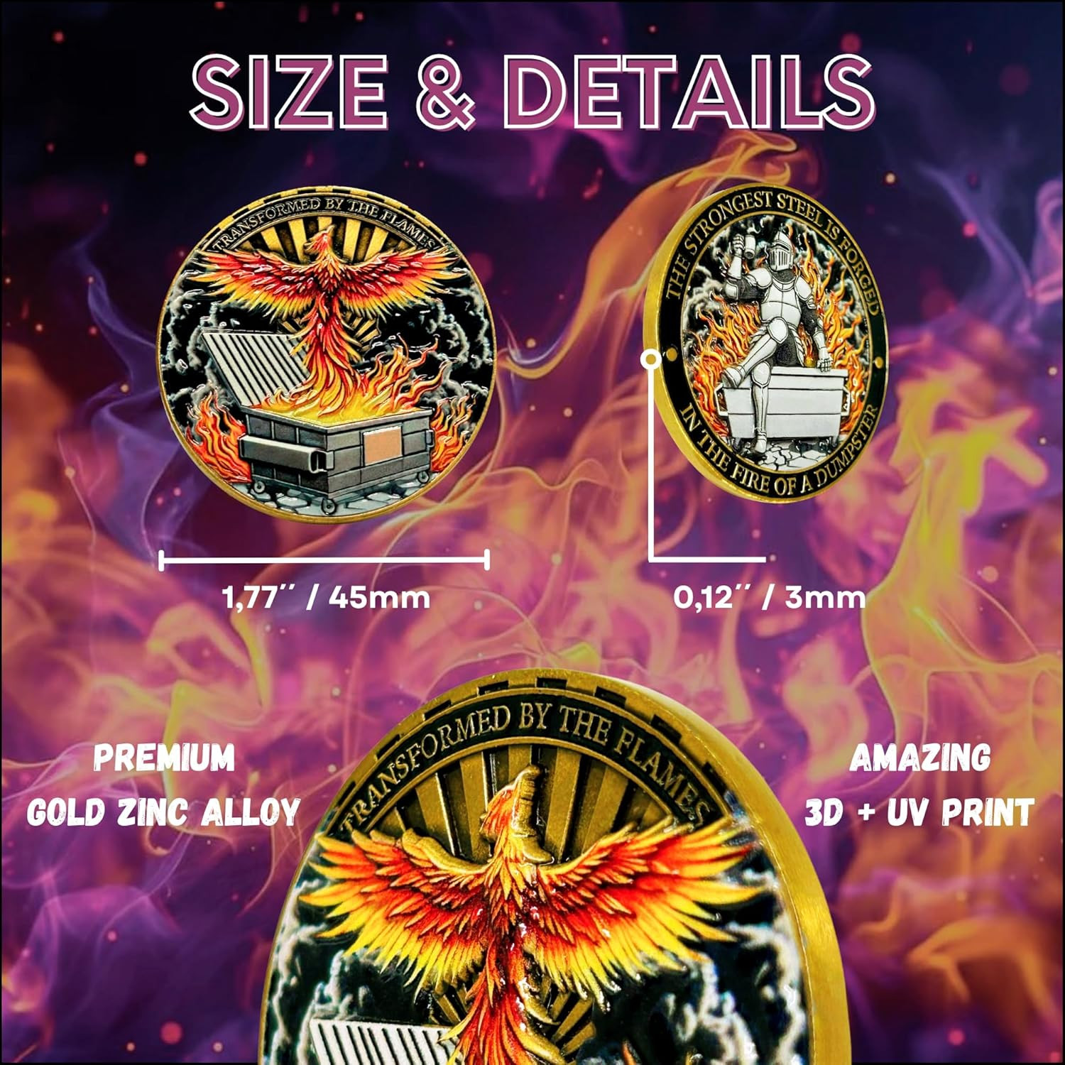 Dumpster Fire Challenge Coin - Phoenix & Knight Design - Transformed by the Flam