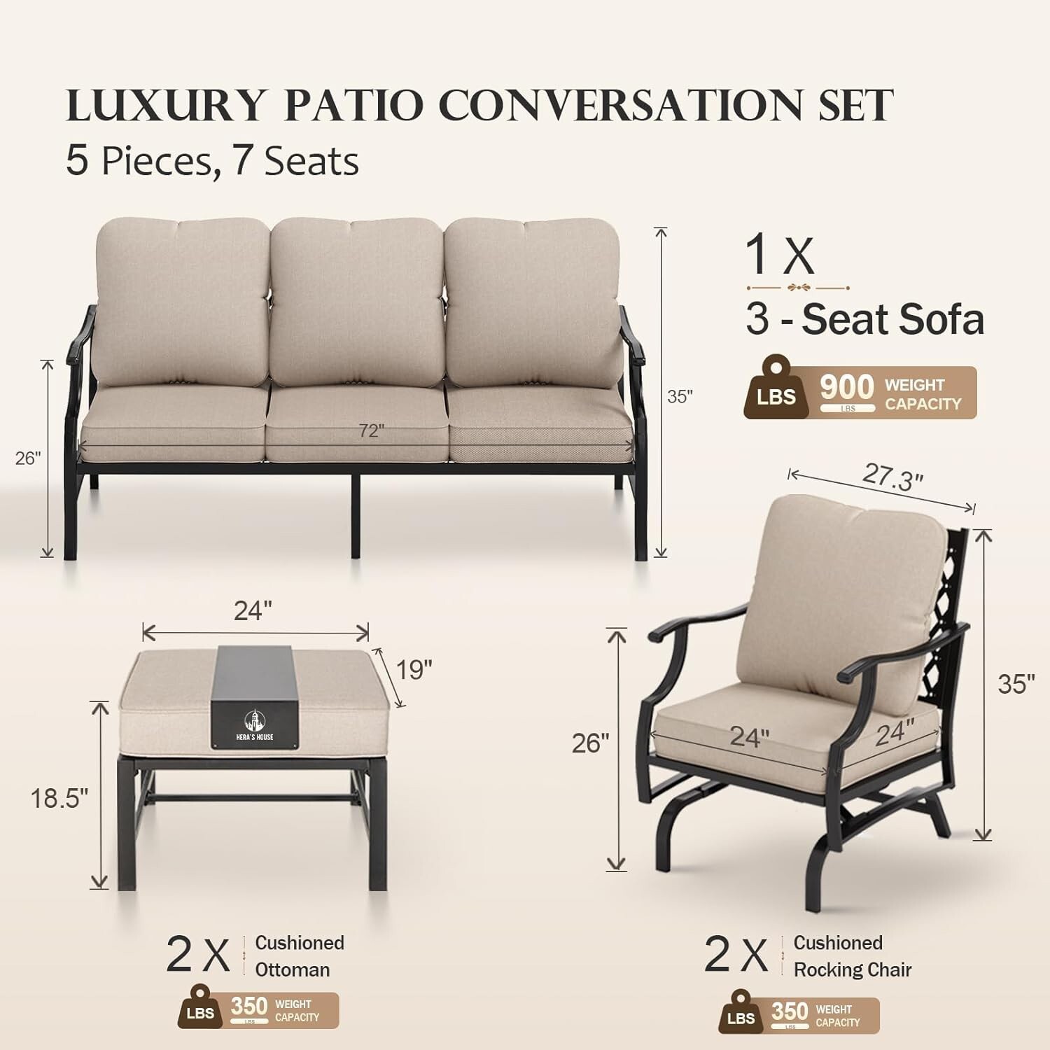 5 PCS Patio Furniture Set Outdoor Conversation Set w/2 Metal Chairs for Backyard