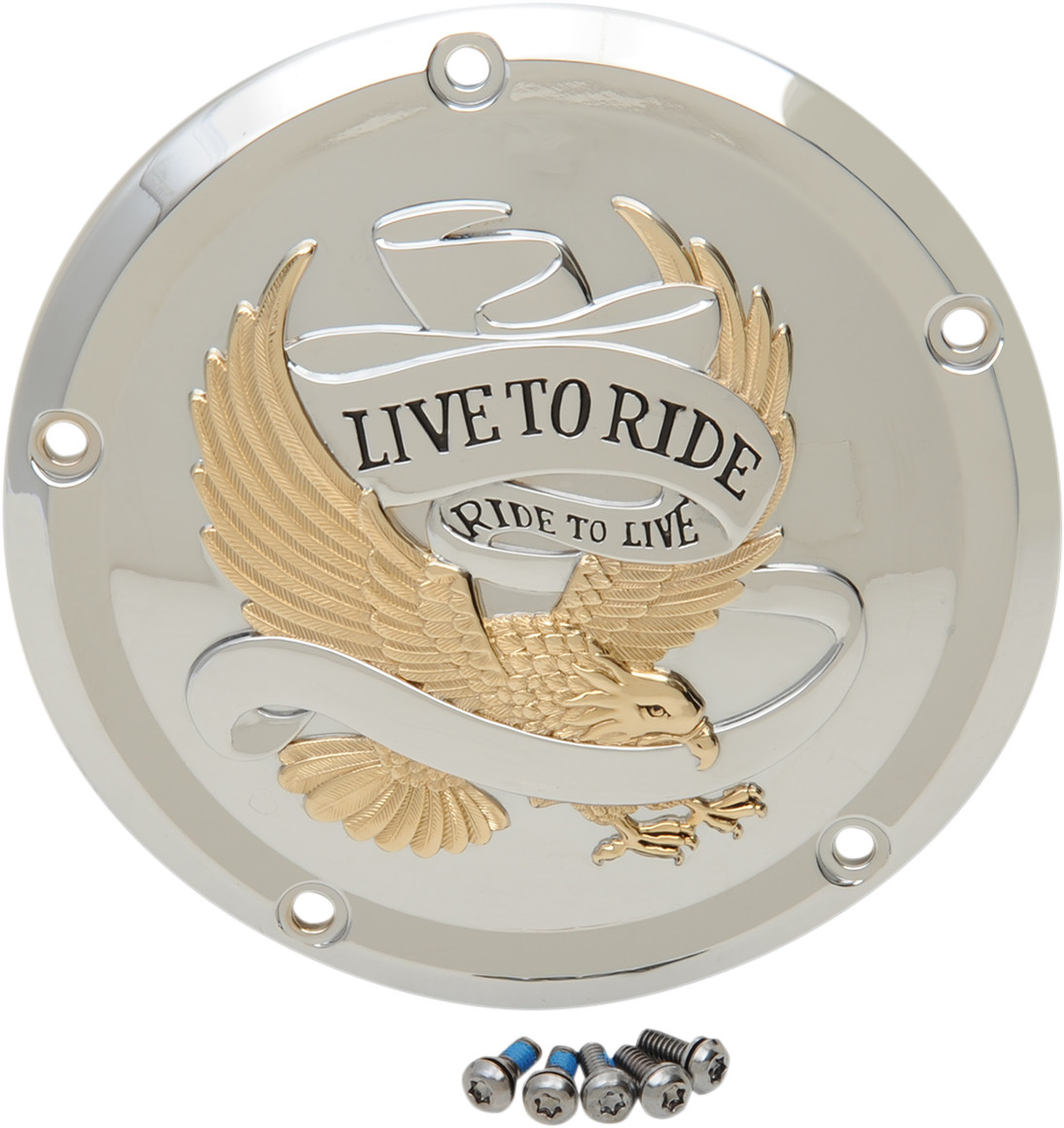 DRAG SPECIALTIES Fits Derby Cover - Live To Ride - 5-Hole - Chrome W/gold Eagle