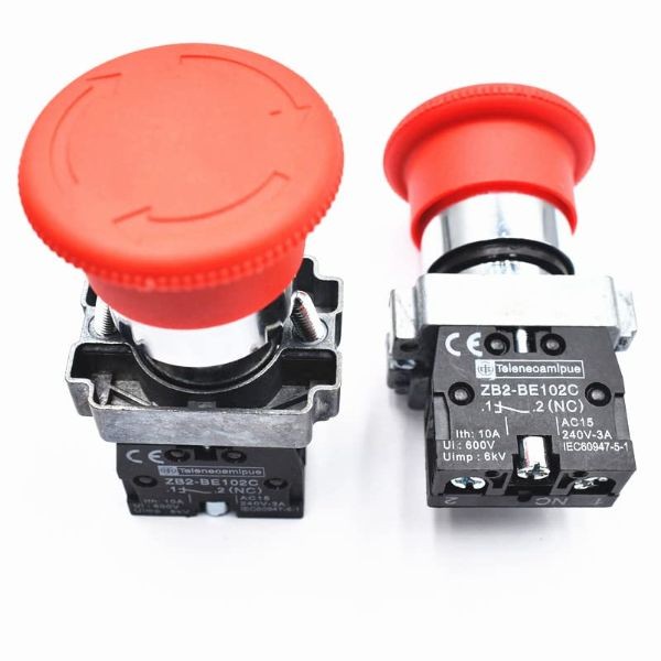 NC Red Mushroom Emergency Stop Push Button Switch 22mm 600V 10A ZB2 BE102C 2PCS