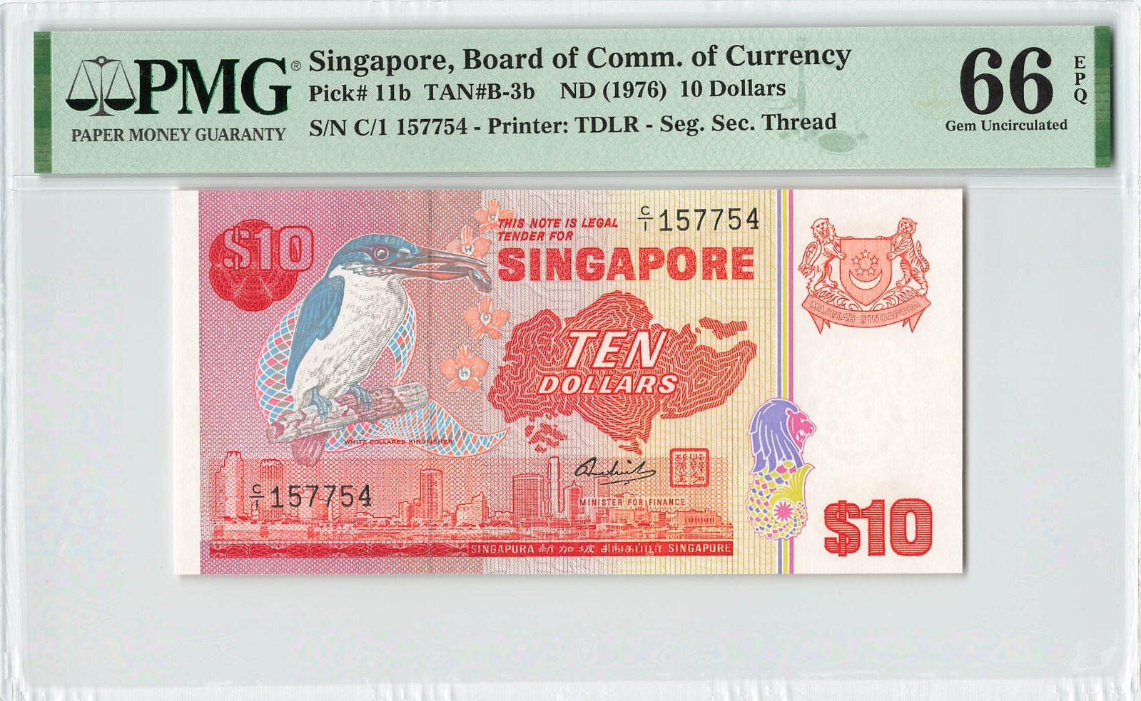 SINGAPORE 10 Dollars 1976, P-11b Bird Series, PMG 66 EPQ Gem UNC, Prefix C/1