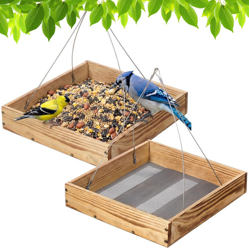 DoubleFill 2 Pcs Wooden Platform Bird Feeder Tray for Outdoor Hanging Bird...