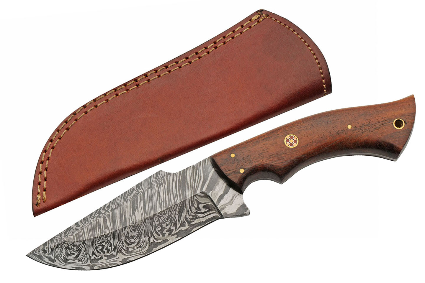 Hunting Knife 4.5in Damascus Steel Blade Skinner Wood Full Tang + Leather Sheath