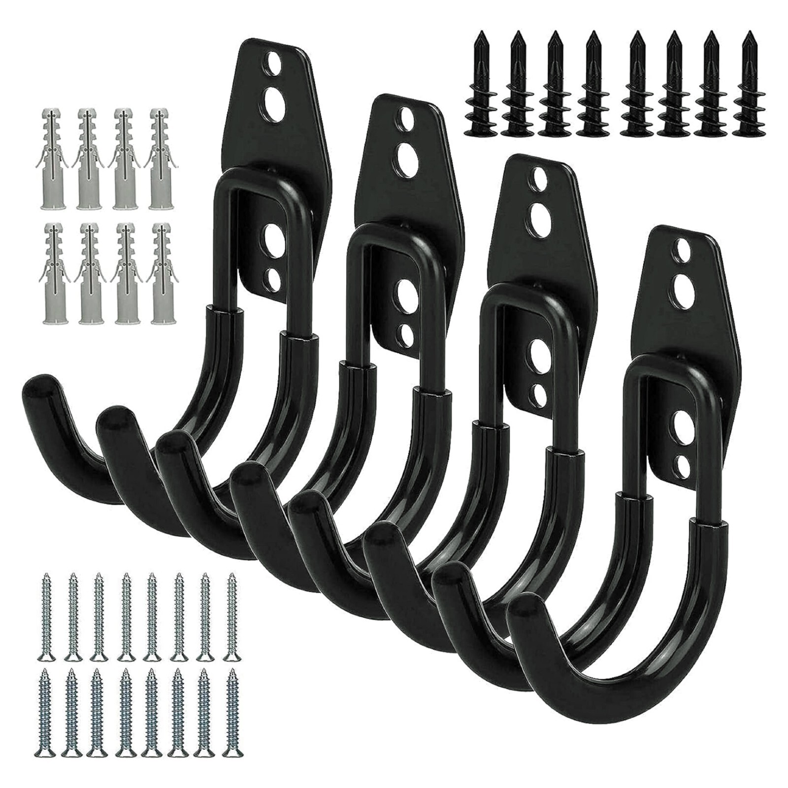 Steel Garage Storage Utility Double Hooks 4 Pack Black Heavy Duty Hangers