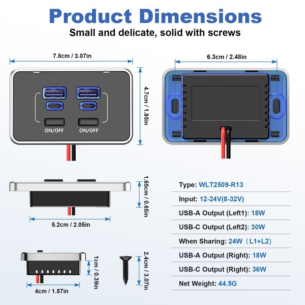 USB Charging Socket for Cars For Rvs Boats Dual Outlet 7.8x4.7cm Black