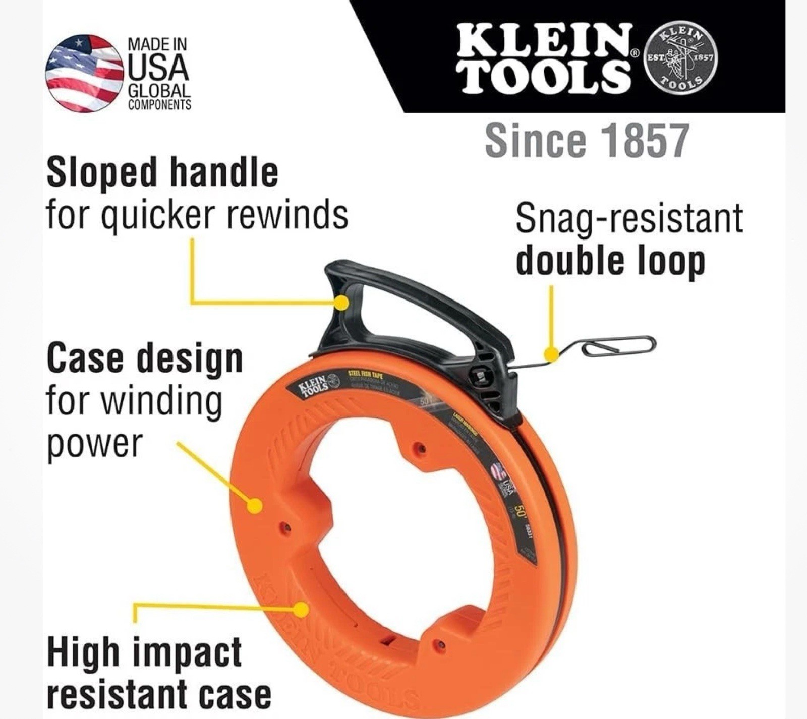 Durable 50-Foot Steel Fish Tape with Double Loop Tip, Slip-Resistant Handle