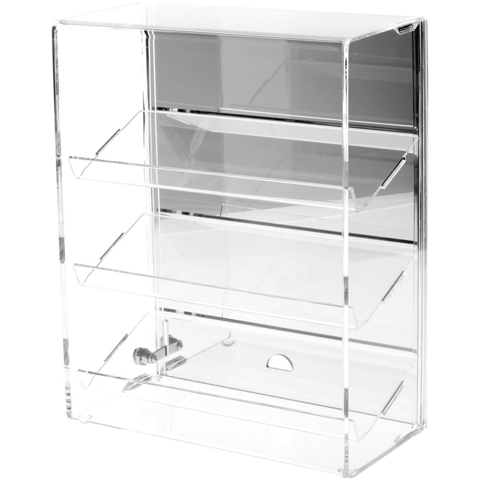 Plymor Acrylic Locking Case, Sliding Back, 3 Shelf Mirrored 12.75" x 10.25" x 5"
