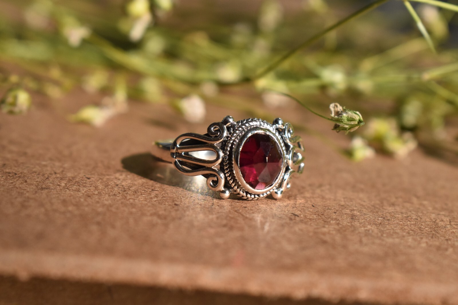 Red Garnet Handmade Ring 925 Sterling Silver Boho Design