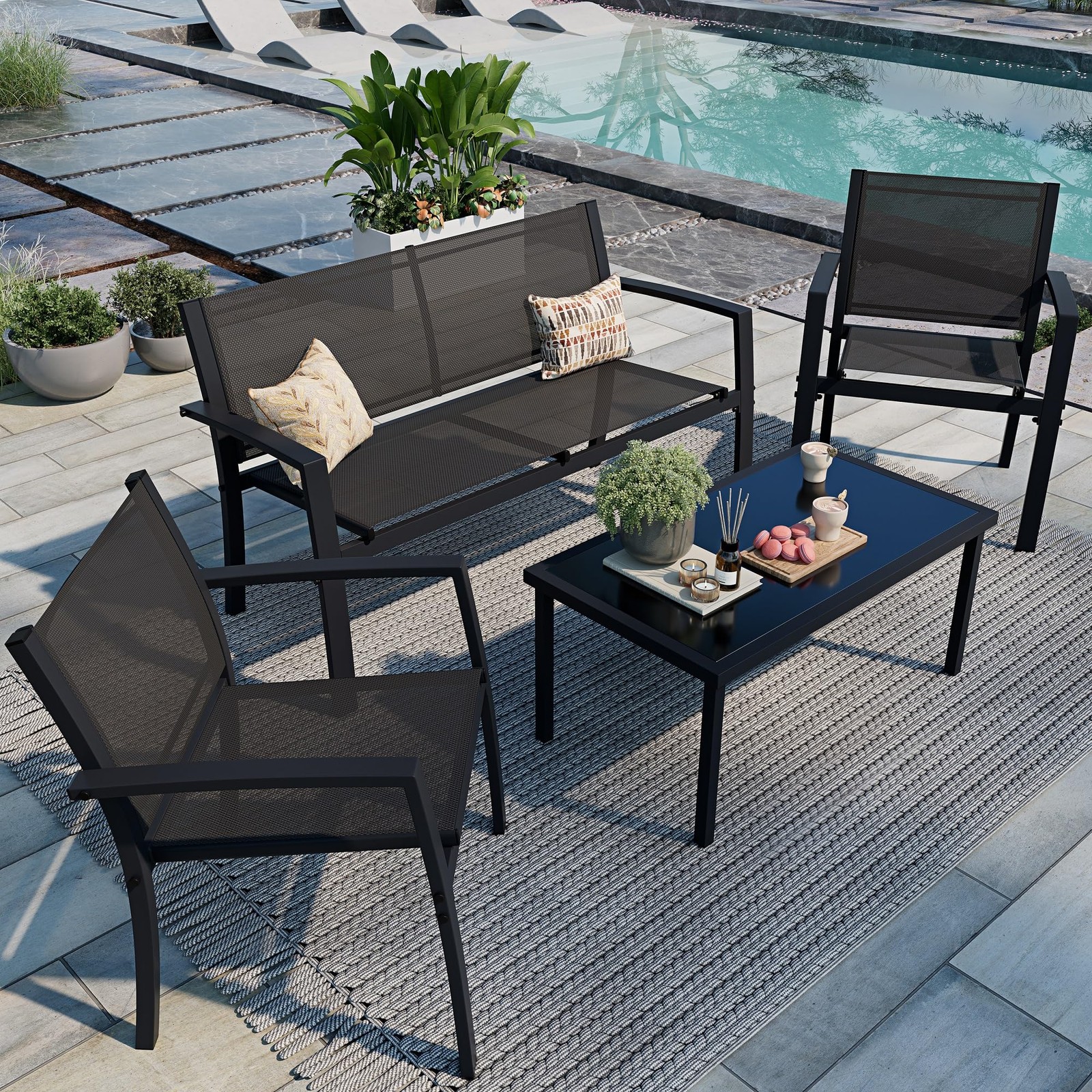 Shintenchi 4 Pieces Patio Furniture Set All Weather 4 Set, Black