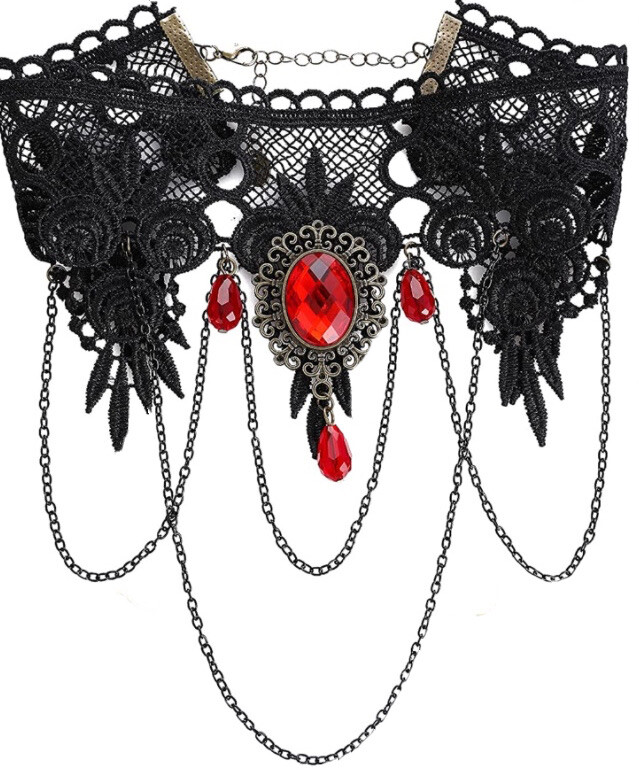 Gothic Victorian Black Lace Choker Necklace Tassel Chain Steampunk NWT 6588
