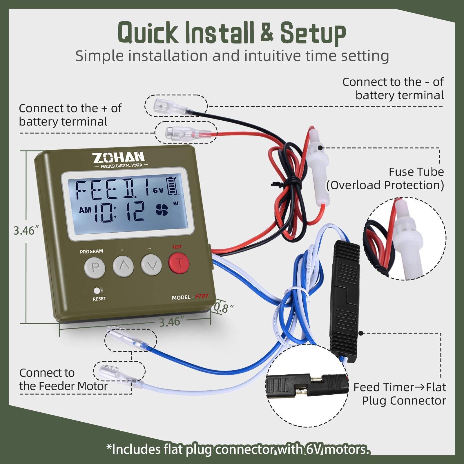 ZOHAN FT01 Deer Feeder Timer - Universal 6V/12V 24h Automatic AMY GREEN