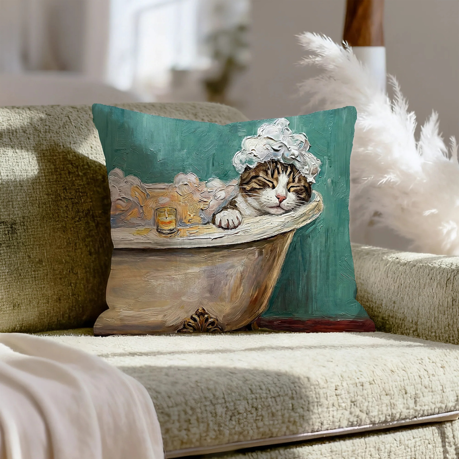 "Spa Day" - Brown Tabby & White Pillow Cover - Cat Lover Home Decor