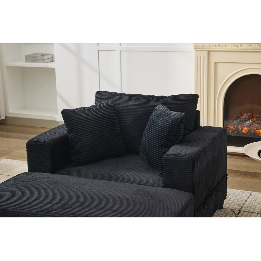 Modern Chaise Lounge Chair w/ Removable Ottoman & Pillows, Black Corduroy