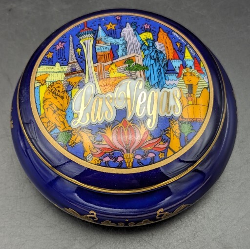 Las Vegas Covered  Trinket Dish blue and gold small