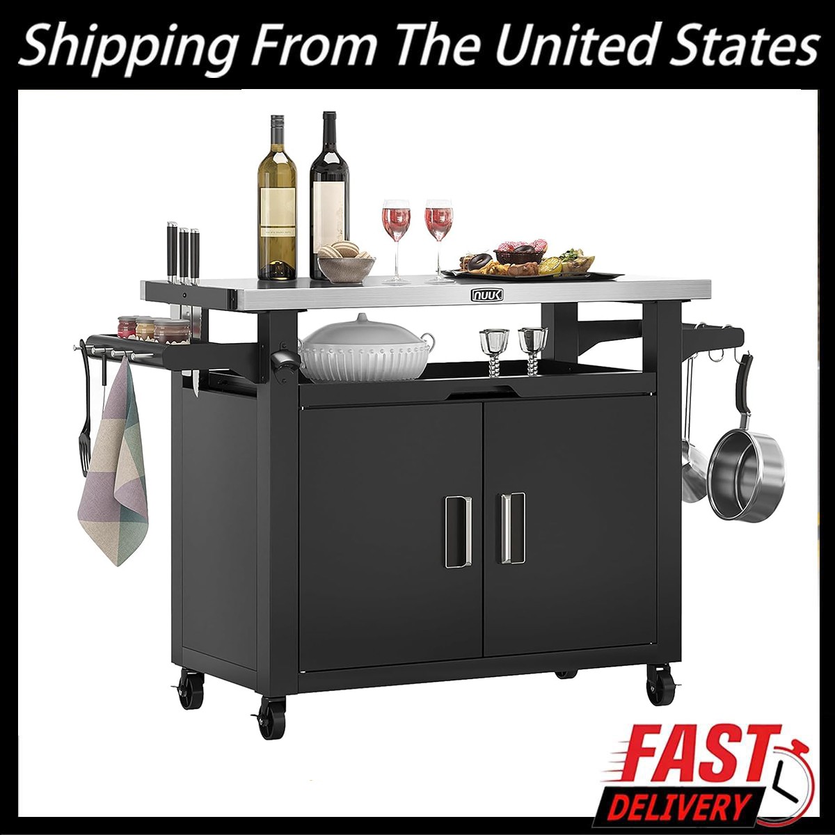 Outdoor Grill Cart with Storage Cabinet Kitchen Bar Cart Island Prep Table Black