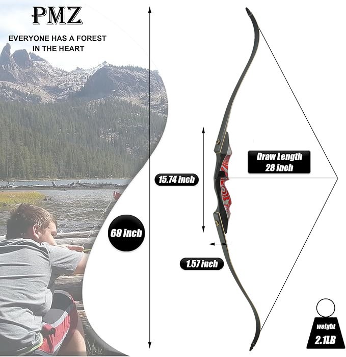PMZ Archery 60" Takedown Recurve Bow 60lbs Traditional Hunting Bow