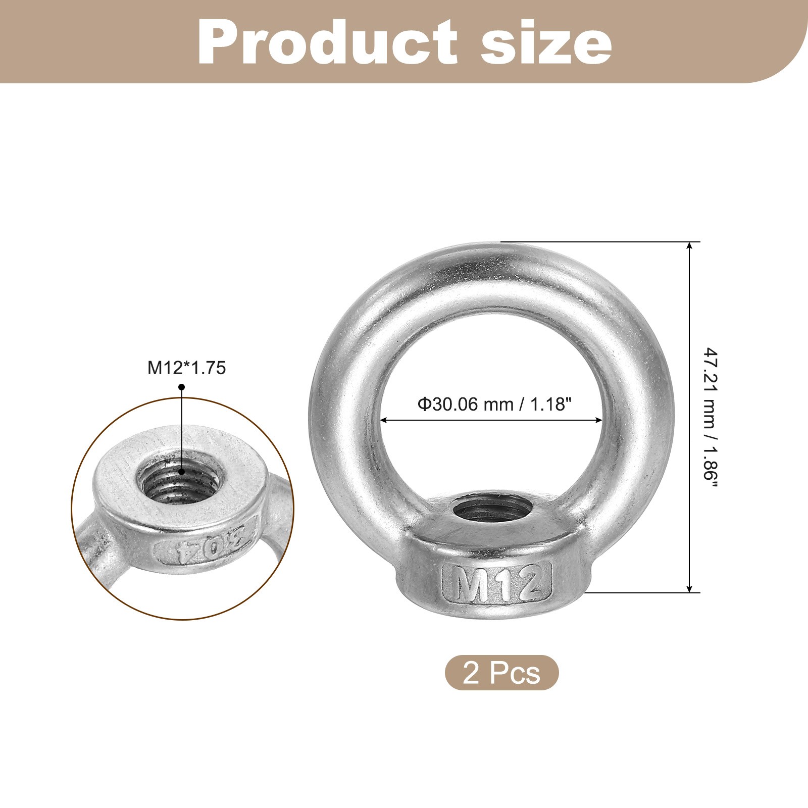 2 Pcs M12 Lifting Eye Nut Stainless Steel Ring Shape Female Thread Nuts Fastener