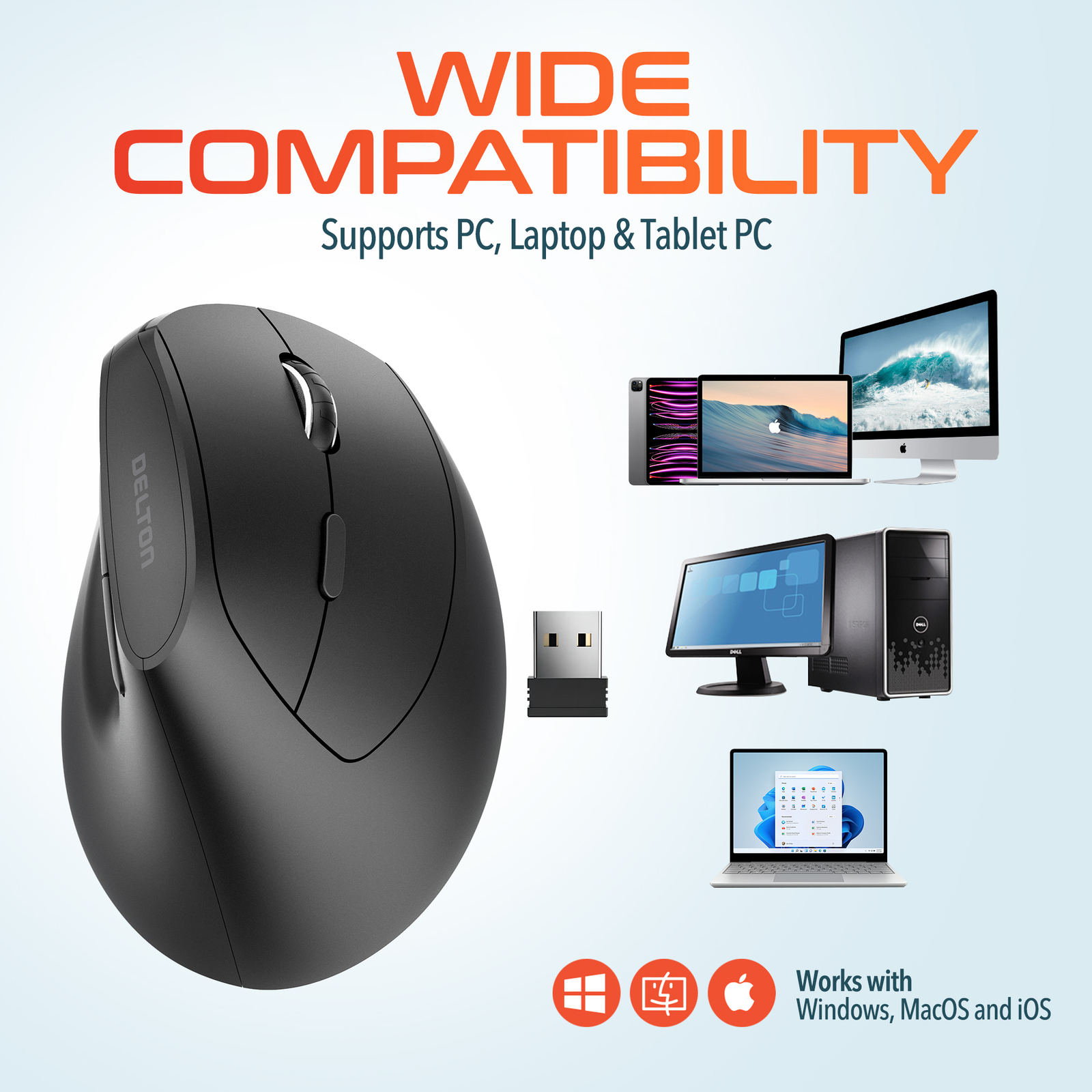 Delton S12P Wireless Ergonomic Computer Mouse - Black
