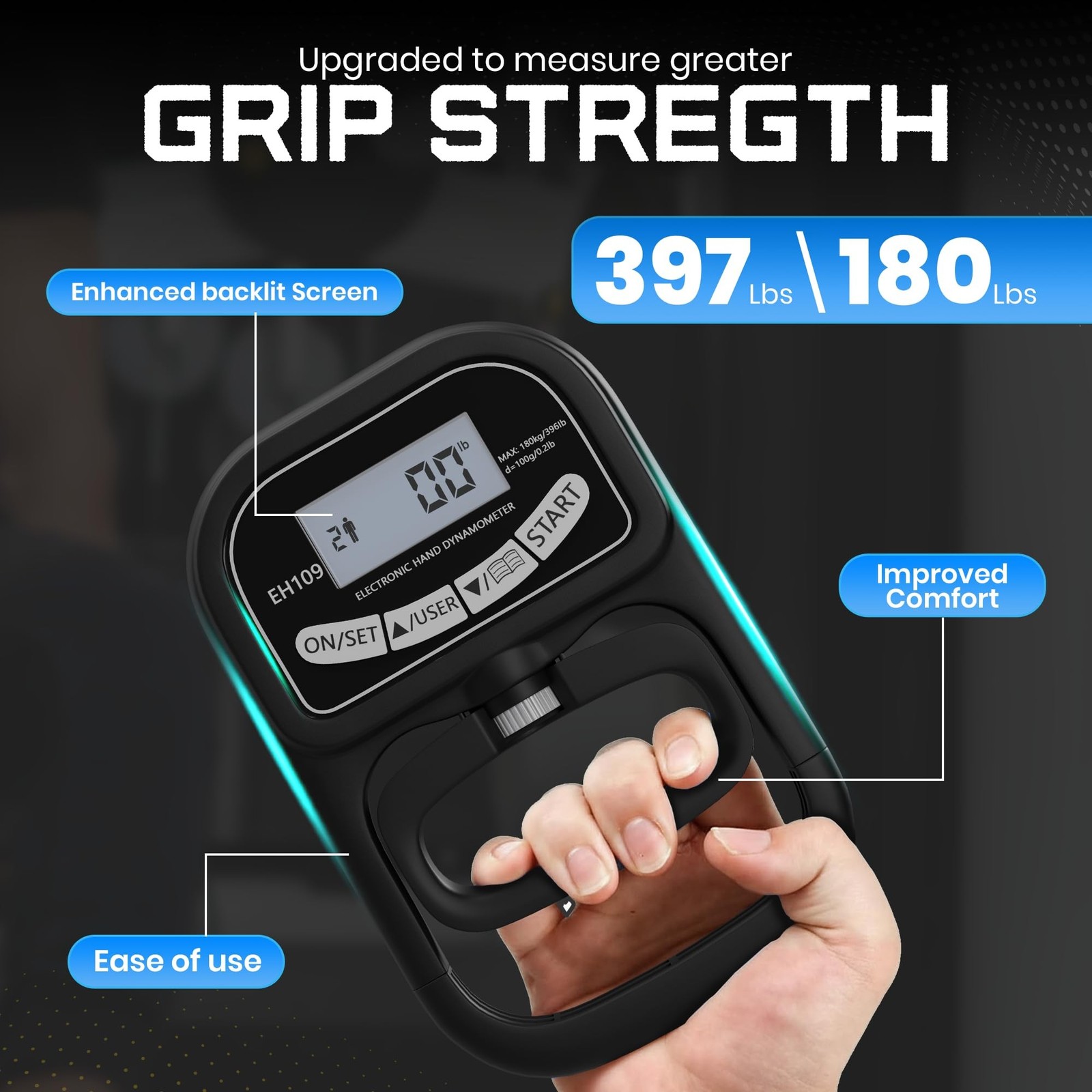 Hand Grip Strength Tester 396lbs/180kg Digital Dynamometer with LED Display, ...