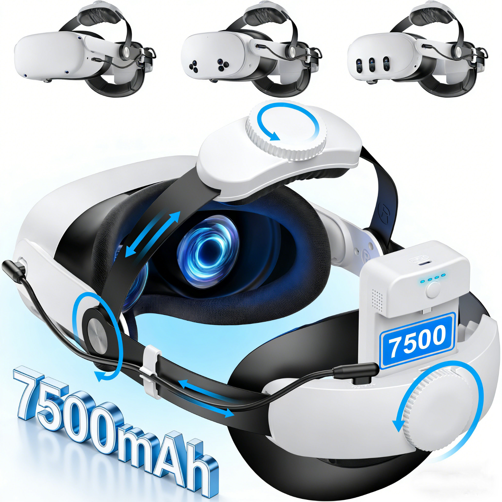 Head Strap for Meta Quest 3S/3/2 with 7500mAh Hot-Swap Battery VR Headset Strap