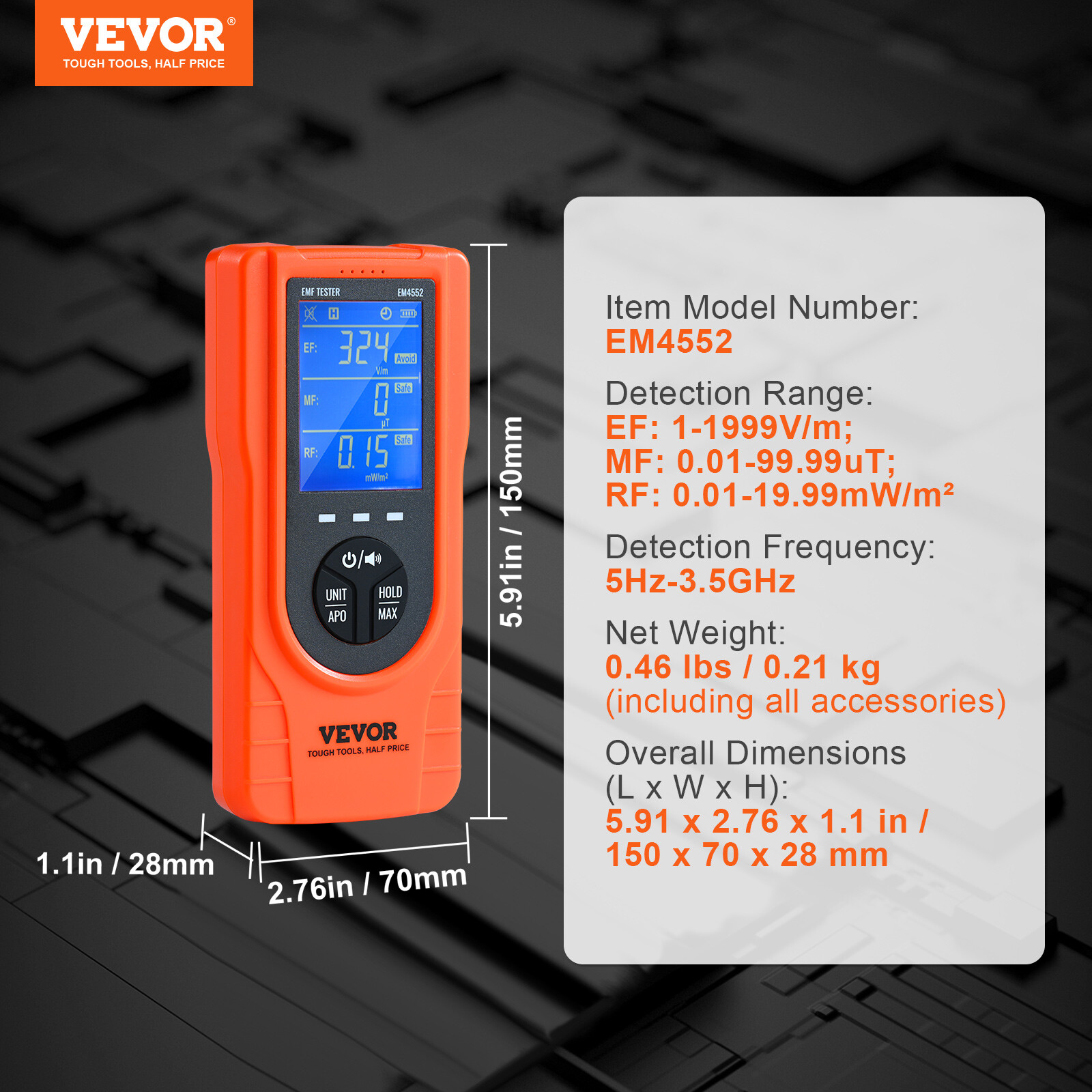 VEVOR Digital LCD 3-in-1 EMF Meter Electromagnetic Radiation Detector EF MF RF