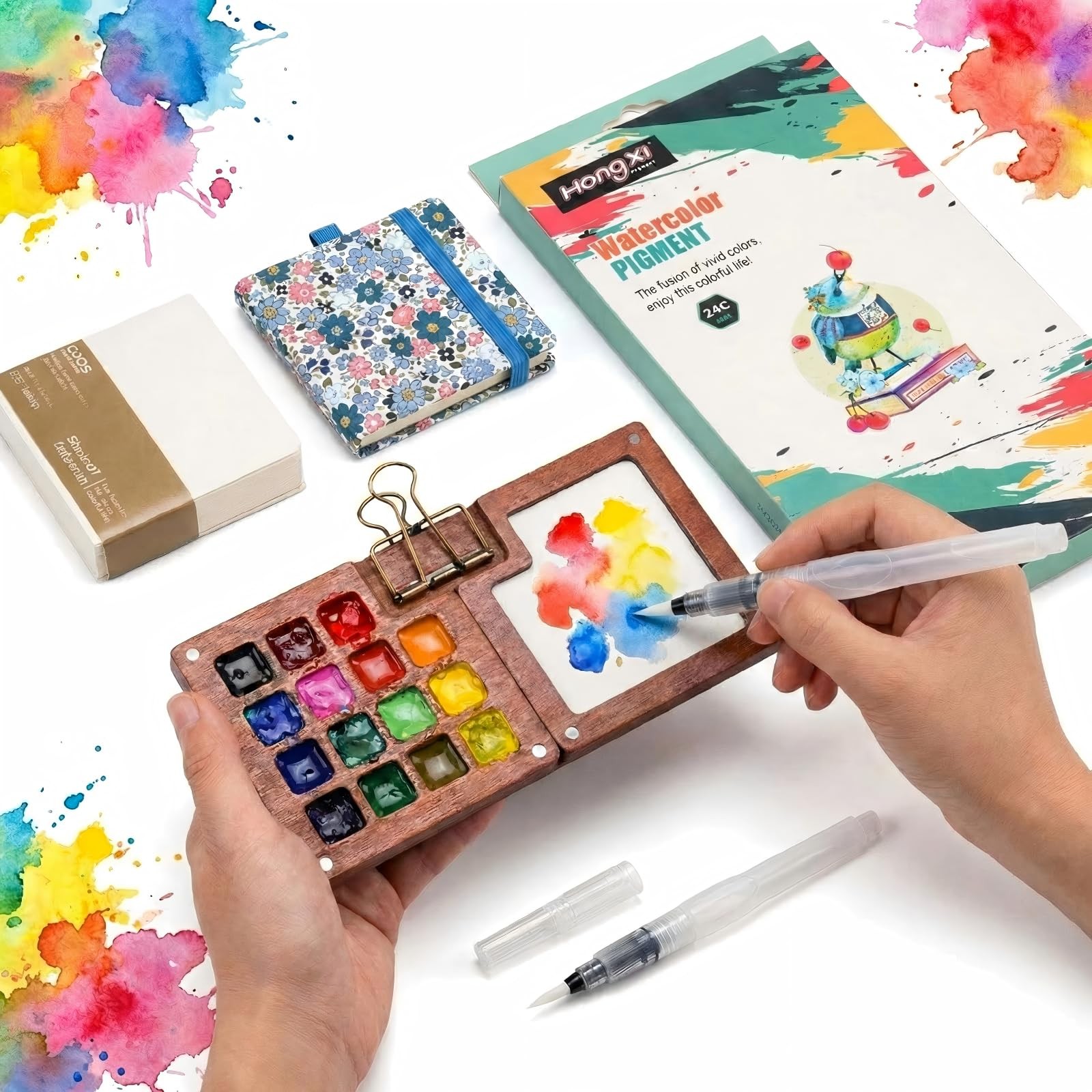 Mini Watercolor Travel Paint Set with 15 Grids Wooden Paint Palette, 24 Color...