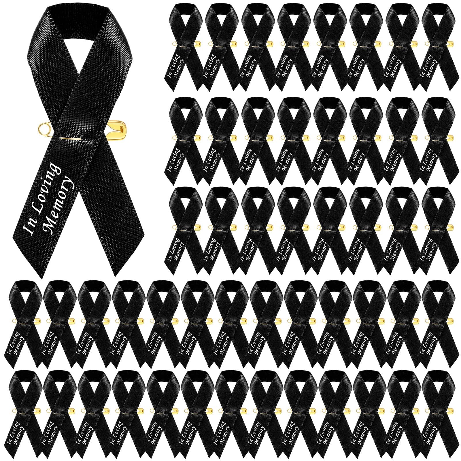 Ysleen 50 Pcs Black Funeral Ribbons Pin Bulk Satin Background and White