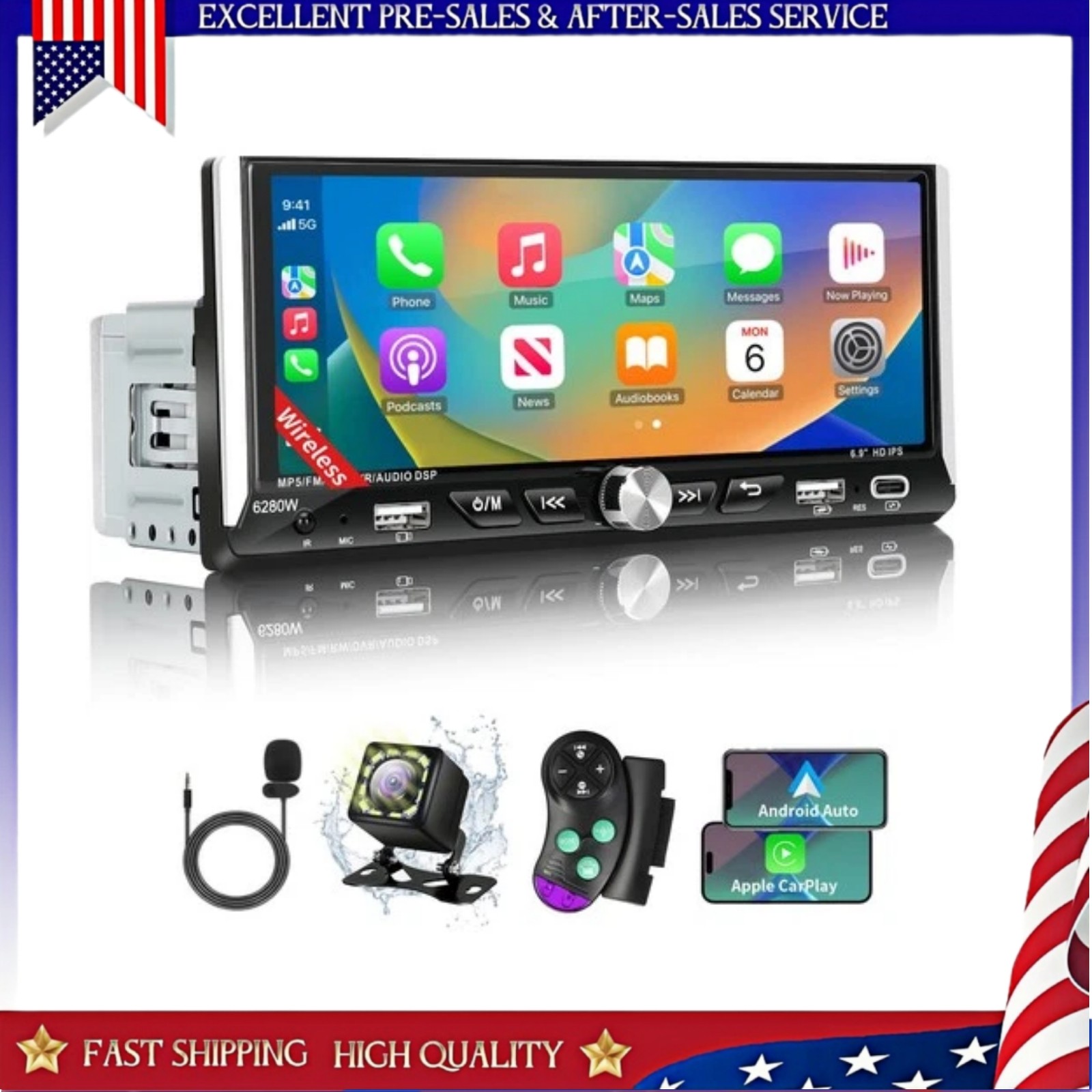 6.86' Single Din Touchscreen Car Stereo with Wireless Apple Carplay Android Auto