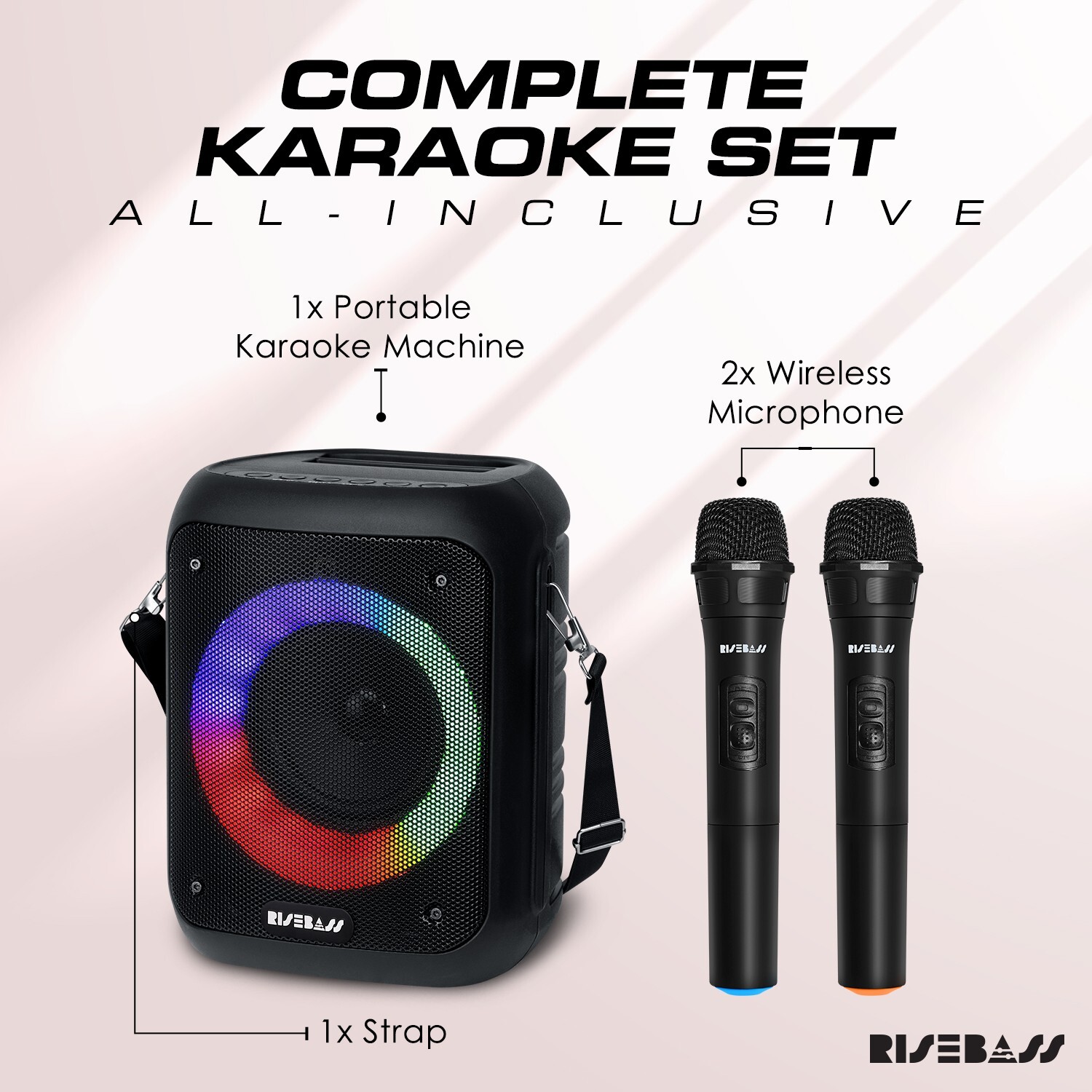 Risebass Portable Karaoke Machine with 2 Wireless Microphones Bluetooth Record