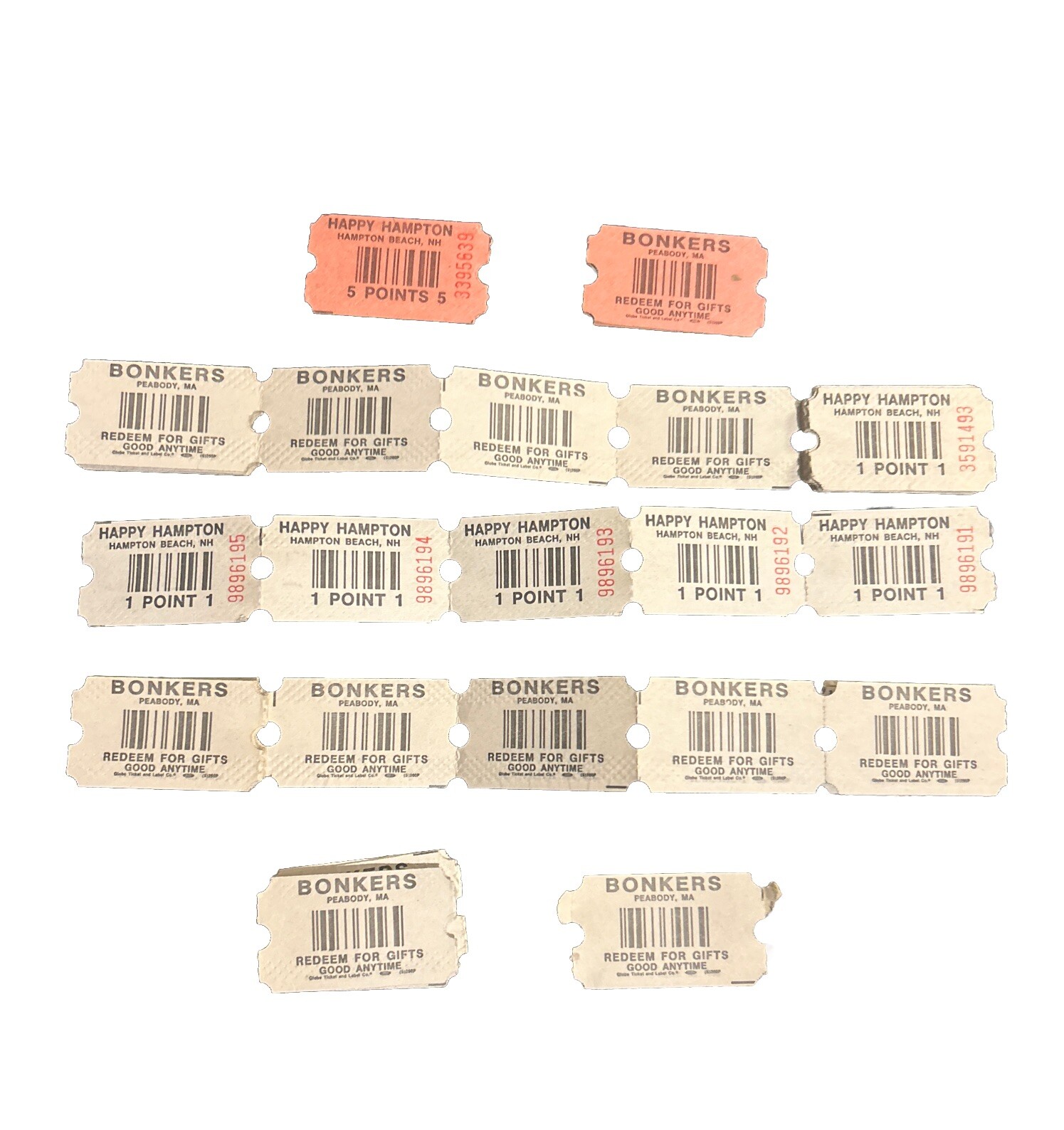 Happy Hampton Hampton Beach, NH and Bonkers Peabody, MA Arcade Game Tickets Lot