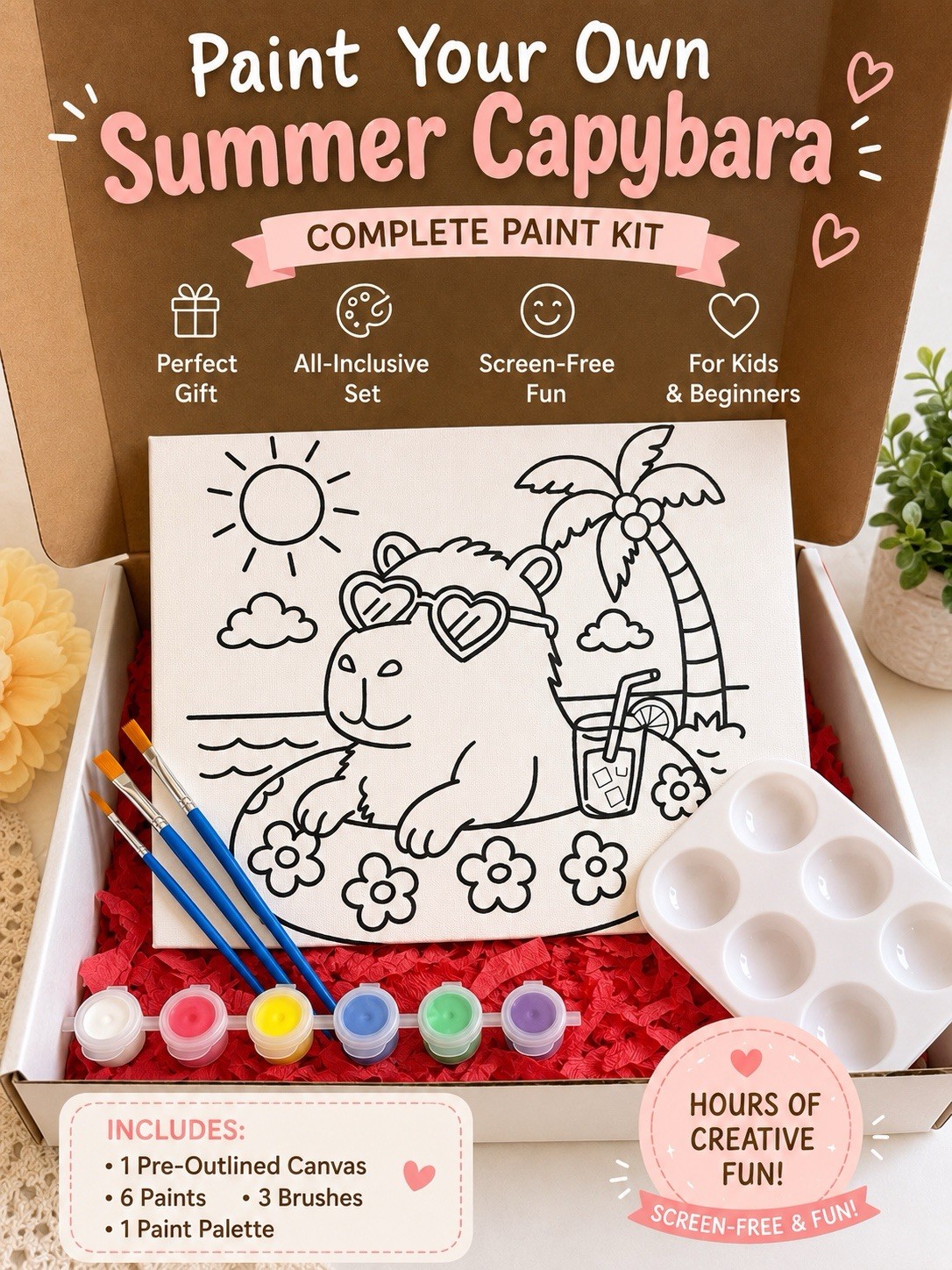 Paint Your Own Summer Capybara Kit - Outlined Canvas, 6 Paints, 3 Brushes
