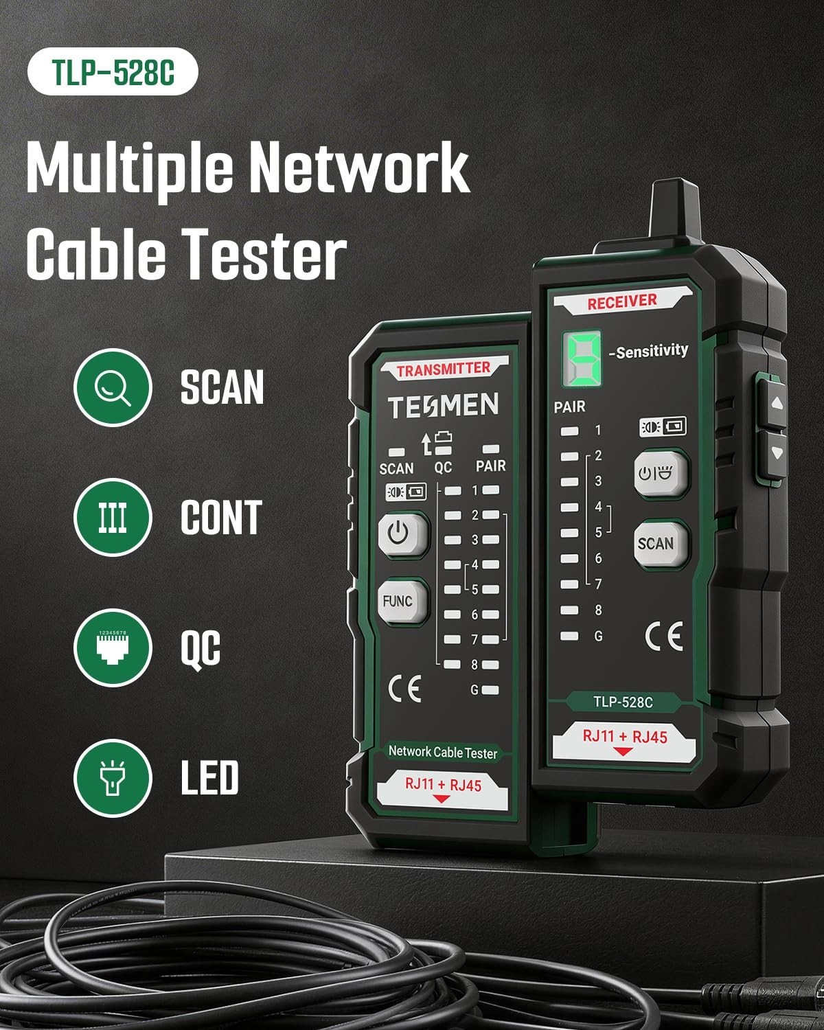 Compact RJ11 RJ45 Network Cable Tester & Wire Tracer - Green