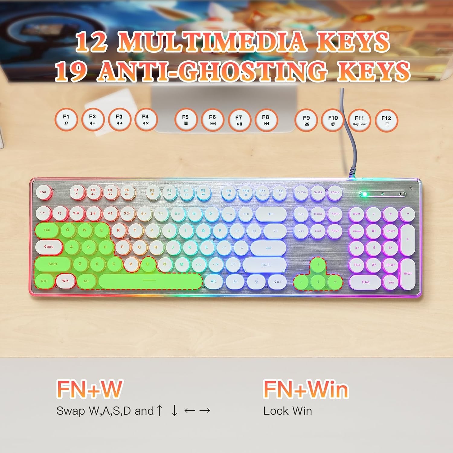 Typewriter Style Keyboard with Metal Panel, Rainbow LED Backlit, Round White