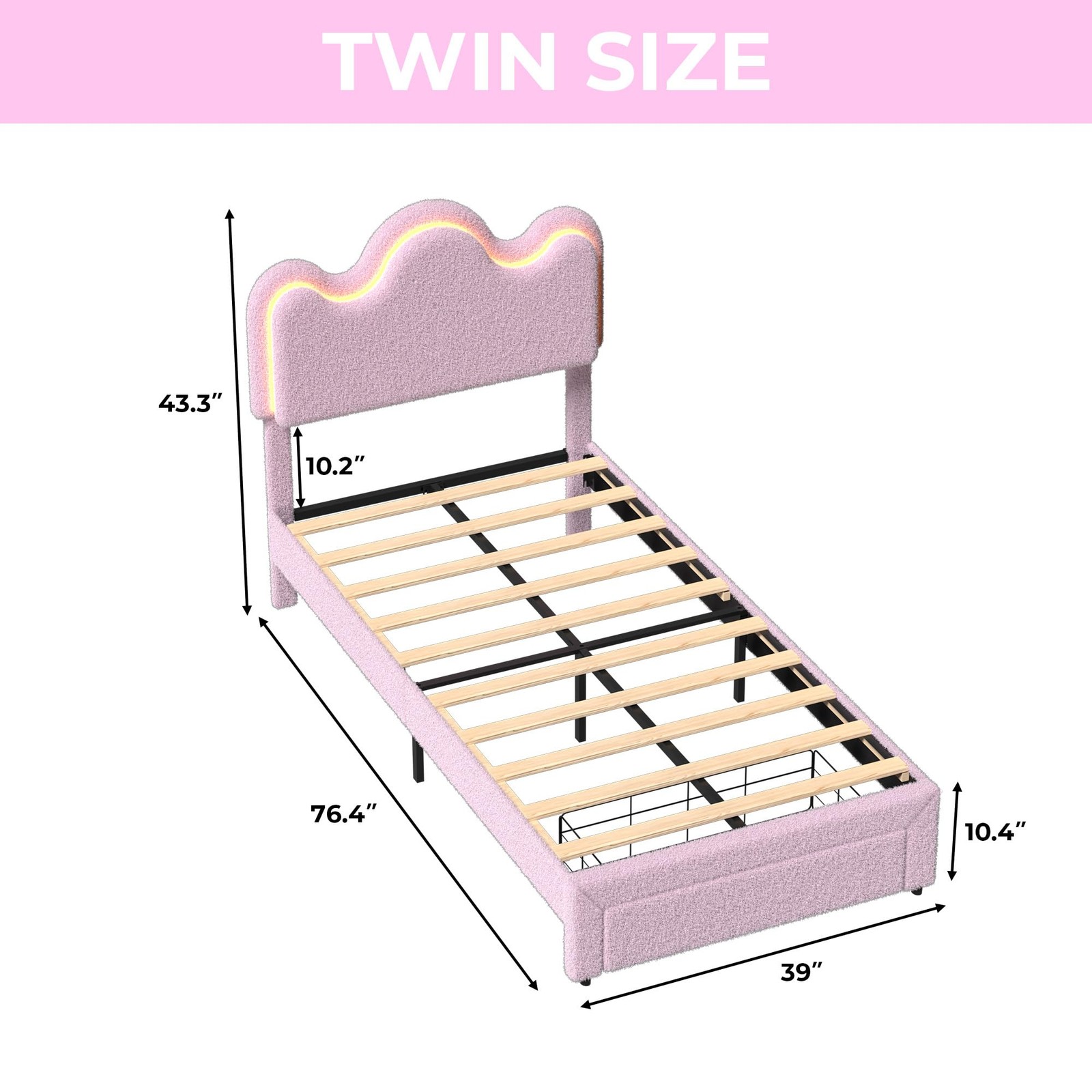 Twin Size Bed Frame with Flower Headboard Upholstered LED Platform Bed & Drawer
