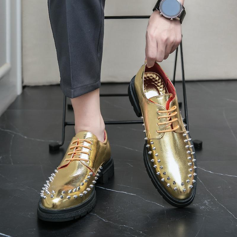 Men Fashion Shiny Silver Gold Rivets Lace Up Pointy Toe Dress Oxford Shoes Party