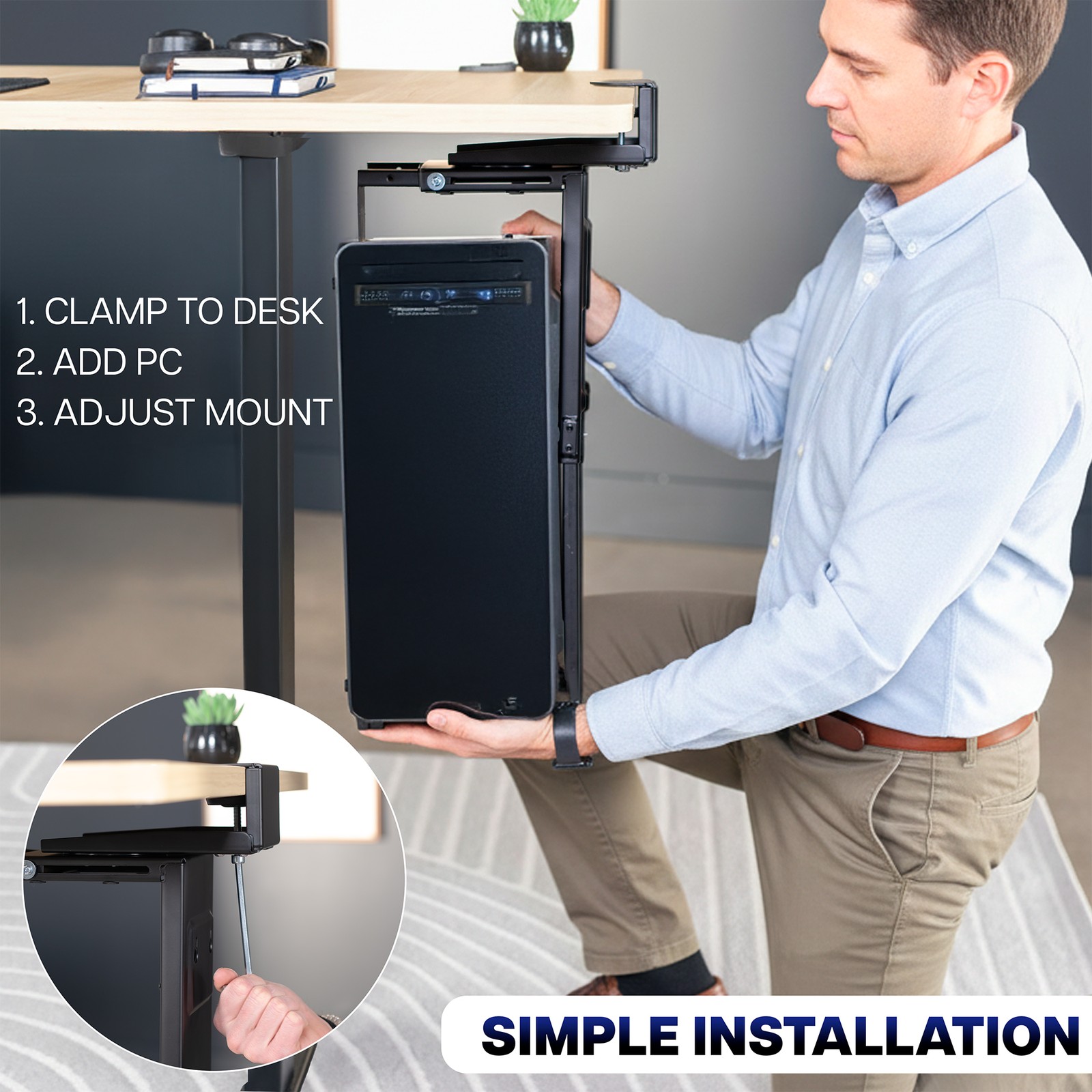 VIVO Black Clamp-on PC Mount, Computer Case Holder with 135 Swivel