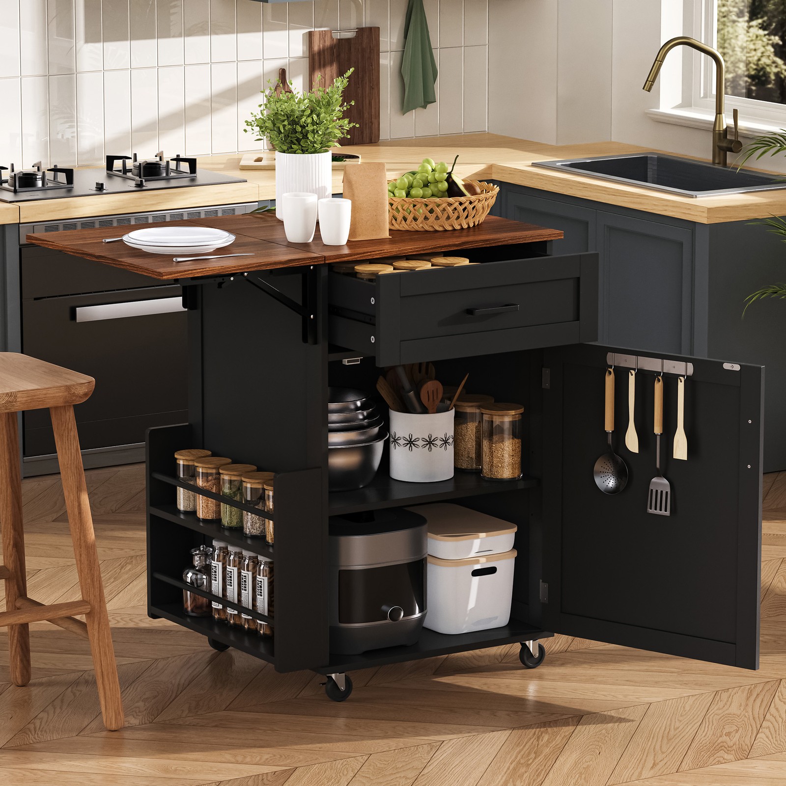 Farmhouse Kitchen Island with Drop Leaf, Rolling Wheels, Storage Drawers, Power