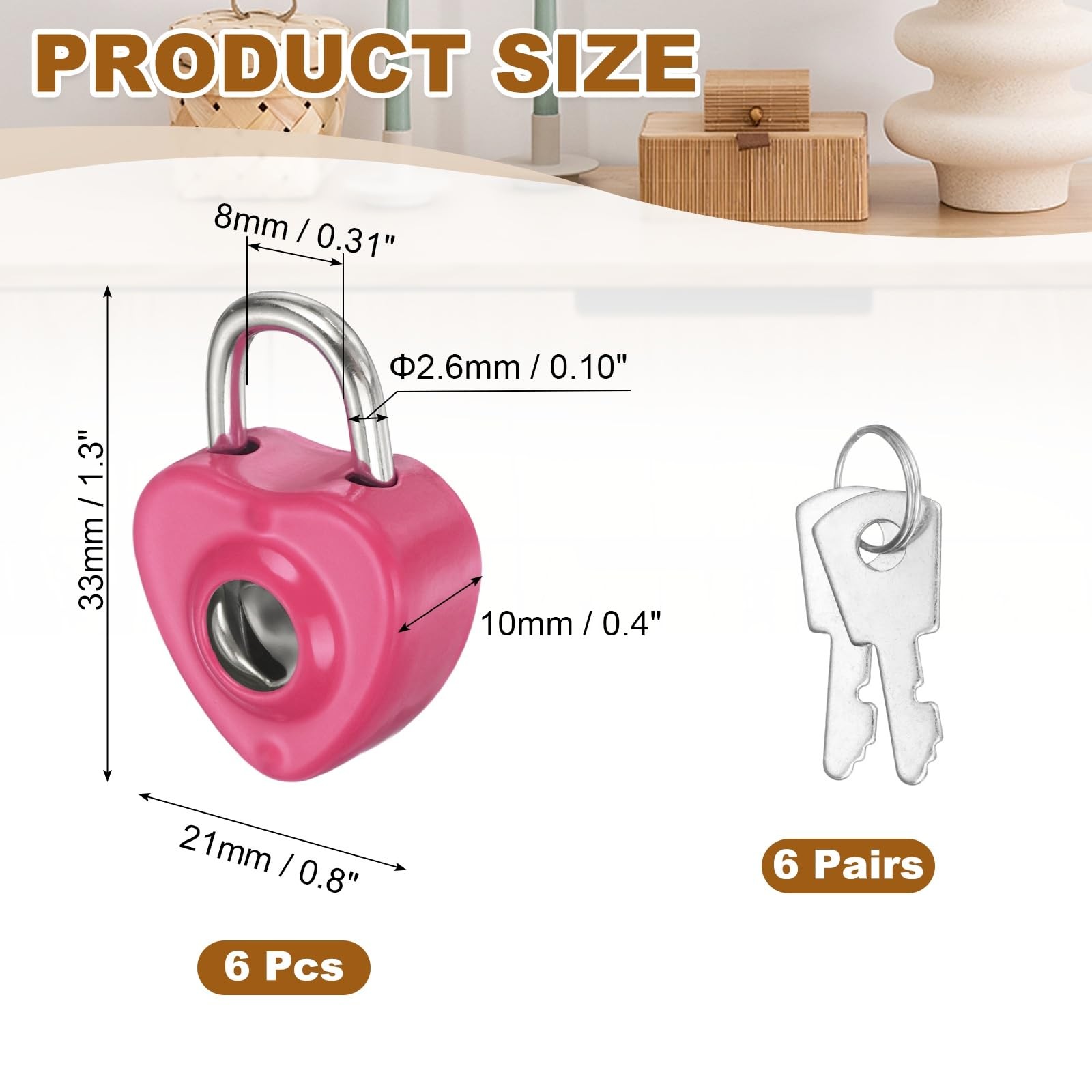6Pcs Mini Diary Padlock, Small Metal Heart Shaped Lock Mini Keyed Padlocks wi...
