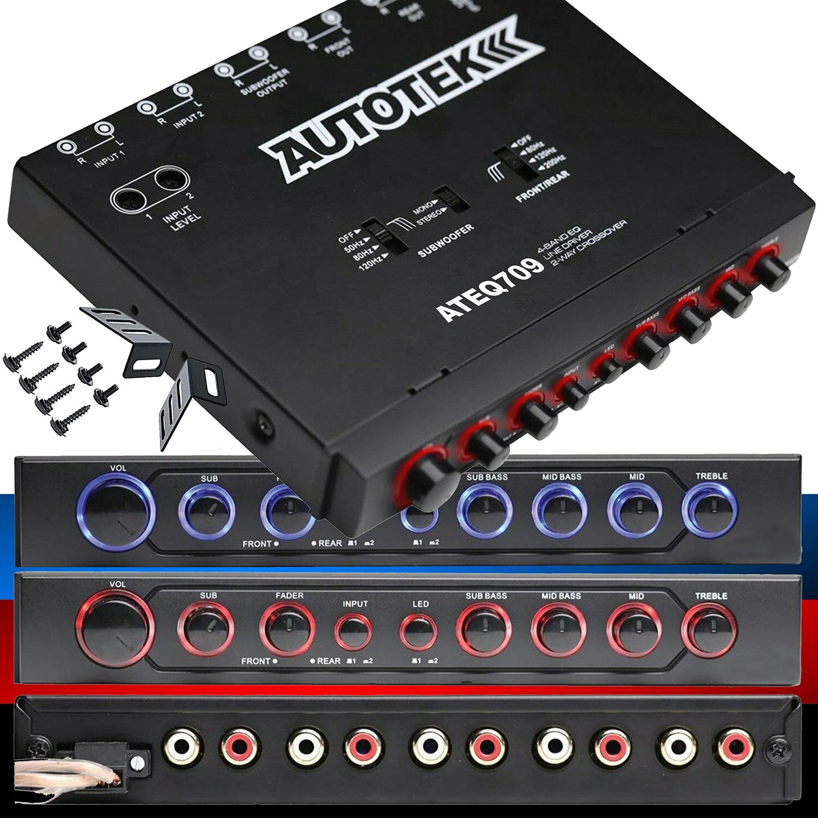 4-Band Audio Equalizer with Built-in 2-Way Crossover, 1/2 DIN, 9V, Active Crosso
